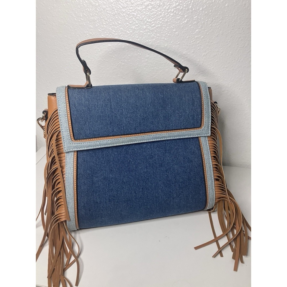 Brand New CATO Women's Denim Pocket Fringe Saddle Purse Bag